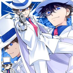  1boy aiming aiming_at_viewer bird blue_eyes blue_shirt brown_hair cape collared_shirt dove formal from_side gloves grin gun hair_between_eyes handgun hat holding holding_gun holding_weapon kaitou_kid kuroba_kaito long_sleeves looking_at_viewer magic_kaito male_focus meitantei_conan monocle monocle_chain multiple_views necktie open_mouth pants red_necktie shirt smile solo suit top_hat twitter_username weapon white_cape white_gloves white_hat white_pants white_suit yogura 