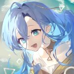  1girl 37_(reverse:1999) :d absurdres ancient_greek_clothes blue_background blue_eyes blue_hair cheongdan_t circle gold_choker greco-roman_clothes hair_between_eyes highres long_hair looking_at_viewer portrait reverse:1999 smile solo square triangle 