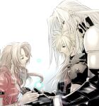  1girl 2boys aerith_gainsborough aiz00 armor bangle black_coat black_footwear black_gloves blonde_hair blue_eyes bracelet breasts brown_hair close-up closed_eyes closed_mouth cloud_strife coat dress earrings final_fantasy final_fantasy_vii final_fantasy_vii_rebirth final_fantasy_vii_remake gloves green_eyes grey_hair half-closed_eyes highres holding_hands jacket jewelry long_bangs long_hair materia medium_breasts multiple_boys parted_bangs pink_dress red_jacket sephiroth short_hair short_sleeves shoulder_armor sidelocks single_bare_shoulder single_earring single_shoulder_pad sleeveless sleeveless_turtleneck slit_pupils smile spiky_hair suspenders turtleneck twitter_username wavy_hair 