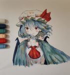  1girl art_tools_in_frame ascot bat_wings blue_hair blue_shawl blush bow collared_shirt cropped_torso floating_hair frilled_hat frills hat hat_bow highres looking_at_viewer marker_(medium) mob_cap red_ascot red_bow red_eyes remilia_scarlet shawl shirt short_hair slit_pupils solo straight-on touhou traditional_media upper_body vanilla_flan white_hat white_shirt wings 