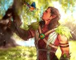  1boy affectionate baldur&#039;s_gate baldur&#039;s_gate_3 belt bird dark-skinned_male dark_skin dungeons_&amp;_dragons grant_k_233 halsin highres male_focus mature_male medium_hair pointy_ears profile solo sparkle_background standing thick_eyebrows toned toned_male tribal upper_body 