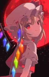  1girl blonde_hair double-parted_bangs flandre_scarlet full_moon hair_between_eyes hat hat_ribbon highres long_hair mob_cap moon puffy_short_sleeves puffy_sleeves red_eyes red_moon red_ribbon red_skirt red_vest ribbon sahata_saba shirt short_sleeves side_ponytail skirt skirt_set solo split_mouth touhou vest white_hat white_shirt wings 