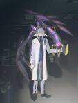  1boy black_footwear closed_mouth coat earrings gloves grey_hair hair_between_eyes halo head_wings highres honkai:_star_rail honkai_(series) indoors jewelry long_sleeves male_focus short_hair solo standing sunday_(honkai:_star_rail) white_coat white_gloves white_wings wings 