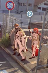  1girl 2boys ^_^ black-framed_eyewear black_coat black_footwear black_gloves blonde_hair brown_hair chain-link_fence closed_eyes coat coat_on_shoulders commentary curtained_hair double_v facing_viewer fence full_body glasses gloves google_street_view grey_coat grey_pants grey_scarf gyaru_v high_heels high_school_girls_posing_for_google_street_view_(meme) highres himeko_(honkai:_star_rail) honkai:_star_rail honkai_(series) kmr9880 leg_up loafers long_hair long_sleeves looking_at_viewer meme multicolored_hair multiple_boys open_clothes open_coat open_mouth outdoors pants photo_background posing scarf shoes short_hair sidewalk single_glove smile standing standing_on_one_leg stole streaked_hair sweat two-tone_hair v void_archives_(honkai_impact) welt_yang white_hair white_pants 