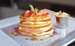  blurry blurry_background cup food food_focus fruit highres maple_syrup no_humans original pancake pancake_stack plate sy_tsukiko table 