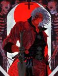  1boy absurdres black_gloves blood blood_on_face blue_eyes closed_mouth coat cowboy_shot cross dante_(devil_may_cry) devil_may_cry_(series) devil_may_cry_4 facial_hair fingerless_gloves gloves glowing glowing_eyes highres holding holding_weapon keshuirou1 light_smile limited_palette long_hair looking_at_viewer male_focus monochrome rebellion_(sword) red_background red_coat red_theme skeleton smile solo spot_color sword upper_body weapon white_hair wo_shi_ping_guo_e_gui 