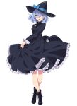  1girl :d black_dress black_footwear black_hat blue_eyes blue_hair blush boots crossed_legs dress drop_earrings earrings frilled_dress frills full_body hat holding holding_clothes indie_virtual_youtuber jewelry looking_at_viewer mamyouda open_mouth signature simple_background skye_(vtuber) smile solo standing virtual_youtuber white_background witch_hat 