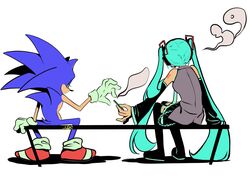  1boy 1girl 39 animal_ears animal_nose aqua_hair aqua_nails commentary company_connection crossover detached_sleeves english_commentary from_behind furry furry_male giving gloves goodluckdori hatsune_miku highres holding joint_(drug) long_hair red_footwear shoes simple_background sitting skirt smoke smoking sonic_(series) sonic_the_hedgehog tail thigh-highs twintails very_long_hair vocaloid white_background white_gloves 