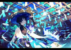  1boy bell belt black_bodysuit black_bow black_hair black_sash blue_cape blue_hat blunt_ends bodysuit bow bush cape expressionless feathers genshin_impact gold hand_up hat highres holding holding_clothes holding_hat japanese_clothes jingasa kimono looking_up male_focus open_clothes open_kimono pom_pom_(clothes) purple_belt purple_rope rooftop rope saiki_(leosetunakia) sash scaramouche_(genshin_impact) shadow short_sleeves sky solo tassel tree violet_eyes vision_(genshin_impact) wanderer_(genshin_impact) white_kimono white_sleeves 