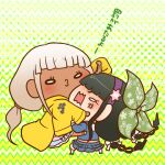  2girls afterimage anger_vein angry bead_anklet belt black_hair blue_serafuku blue_shirt blue_skirt blunt_bangs bow brown_footwear chabashira_tenko chibi clothes_grab collared_shirt commentary_request danganronpa_(series) danganronpa_v3:_killing_harmony dark-skinned_female dark_skin eyelashes fighting floral_print frilled_skirt frills green_background green_bow hair_bow hair_ornament hairband hand_on_another&#039;s_head hitting hood hood_down hooded_coat kneehighs long_hair long_sleeves low_twintails midriff miniskirt mole mole_under_mouth motion_lines multiple_girls multiple_hair_bows o3o open_mouth paintbrush pink_belt purple_hairband raised_eyebrows sailor_collar sandals school_uniform serafuku shirt shoes simple_background skirt skirt_set sleeve_grab socks solid_oval_eyes translation_request twintails v-shaped_eyebrows very_long_hair wavy_hair white_bow white_eyes white_footwear white_hair white_sailor_collar white_socks yellow_raincoat yonaga_angie yumaru_(marumarumaru) zig-zag_pattern 