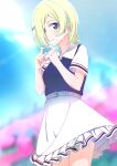  1girl ajapar belt blonde_hair blurry blurry_background closed_mouth collared_shirt commentary ear_piercing eyes_visible_through_hair frilled_skirt frills hair_ornament hair_over_one_eye hairclip highres index_fingers_together lemonade_(love_live!) looking_at_viewer love_live! love_live!_nijigasaki_high_school_idol_club mia_taylor piercing polo_shirt purple_shirt shirt short_hair short_sleeves skirt smile solo standing upper_body violet_eyes white_belt white_skirt 