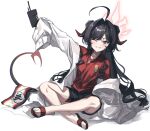  1girl ahoge armband bare_legs black_hair black_shorts blue_archive coat collared_shirt demon_horns demon_tail gehenna_academy_logo hair_intakes halo highres horns kasumi_(blue_archive) long_hair one_eye_closed red_shirt sandals shirt shorts sleeves_past_fingers sleeves_past_wrists solo sw_haze tail white_background white_coat yellow_eyes 