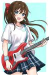  1girl aqua_background blue_eyes blue_skirt blush border bow brown_hair collarbone commentary_request electric_guitar guitar hair_bow half_updo highres holding holding_instrument instrument katanashi_(ktnsh_popu) long_hair looking_at_viewer love_live! love_live!_nijigasaki_high_school_idol_club open_mouth osaka_shizuku outside_border plaid plaid_skirt pleated_skirt red_bow shirt short_sleeves sidelocks skirt solo standing teeth upper_body upper_teeth_only white_border white_shirt wrist_cuffs 