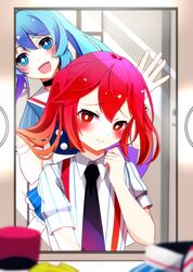  2girls alternate_hairstyle black_necktie blue_eyes blue_hair blush bow buttons closed_mouth collared_dress collared_shirt dress hat hat_bow hatsune_miku highres kasane_teto lamp long_hair looking_at_mirror looking_at_viewer mesmerizer_(vocaloid) mirror multiple_girls necktie open_mouth pinstripe_pattern red_hat shirt sitting striped_clothes striped_shirt synthesizer_v table teeth ukime05 upper_body upper_teeth_only utau vertical-striped_clothes vertical-striped_shirt visor_cap vocaloid white_shirt 