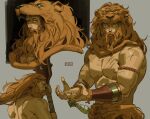  1boy absurdres beard connected_beard cross_scar facial_hair full_beard hades_(series) hades_2 heracles_(hades) highres holding holding_weapon lion lion_hood lion_paw long_beard long_hair looking_at_viewer maik_check male_focus mature_male multiple_views muscular muscular_male mustache nipples orange_hair pectorals scar thick_beard thick_mustache topless_male weapon yellow_eyes 