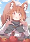  1girl :d animal_ear_fluff animal_ears apple blue_sky blurry blurry_background blush brown_hair capelet claw_pose clouds commentary_request daidai_ookami day depth_of_field fangs food fruit grey_capelet hands_up highres holo long_sleeves looking_at_viewer outdoors puffy_long_sleeves puffy_sleeves red_apple red_eyes shirt sky smile solo spice_and_wolf tail upper_body white_shirt wolf_ears wolf_girl wolf_tail 