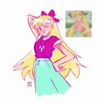  1girl aino_minako applepiewinry arm_up artist_logo bishoujo_senshi_sailor_moon blonde_hair bow derivative_work green_skirt hair_bow hand_on_own_hip jewelry long_hair looking_at_viewer necklace official_alternate_costume one_eye_closed open_mouth pink_bow pink_shirt screenshot_inset screenshot_redraw shirt simple_background skirt solo standing white_background white_shirt 