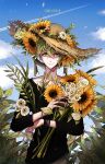  1boy altimaen_iten amami_rantaro bishounen black_shirt black_sleeves blue_sky bouquet brown_pants closed_mouth clouds collarbone cowboy_shot daisy danganronpa_(series) danganronpa_v3:_killing_harmony day ear_piercing english_text eyelashes fern fingernails flower green_eyes green_hair hair_between_eyes hair_flower hair_ornament hat hat_flower holding holding_bouquet jewelry leaf long_sleeves looking_at_viewer male_focus multiple_bracelets multiple_rings outdoors pants petals piercing rainbow ring shirt short_hair sky smile solo straight-on straw_hat sun_hat sunflower third-party_source white_flower yellow_flower yellow_hat 