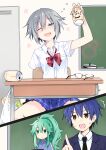  1boy 2girls absurdres black_necktie blue_eyes blue_hair blue_skirt can chalkboard collared_shirt colorized commentary_request date_a_live drink_can drunk glasses green_eyes green_hair grey_hair highres honjou_nia indoors itsuka_shidou kurumi_(user_fayr3752) multiple_girls natsumi_(date_a_live) neck_ribbon necktie one_eye_closed open_mouth pleated_skirt ponytail red_ribbon ribbon school_uniform shirt short_hair skirt smile table v-shaped_eyebrows white_shirt 
