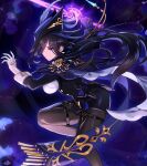  1girl black_pantyhose black_skirt blue_hair clorinde_(genshin_impact) dark_blue_hair floating_hair from_side genshin_impact gloves hair_between_eyes high-waist_skirt highres holding holding_sword holding_weapon lllkalllwalll long_hair long_sleeves looking_at_viewer pantyhose parted_lips skirt solo sword thigh_strap violet_eyes weapon white_gloves 