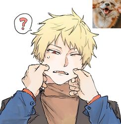  2boys ? atou_haruki black_jacket blonde_hair brown_sweater cheek_pull commentary_request gigantea_pp highres isoi_reiji jacket korean_commentary long_sleeves male_focus multiple_boys one_eye_closed open_clothes open_jacket open_mouth red_eyes reference_inset saibou_shinkyoku short_hair solo_focus spoken_question_mark sweat sweater turtleneck turtleneck_sweater 