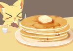  &gt;_&lt; 1boy :d animal_ears butter closed_eyes colored_skin commentary_request cup food food_focus fork fox_boy fox_ears furry furry_male holding holding_fork holding_knife knife lets0020 maple_syrup milk open_mouth original pancake pancake_stack plate smile solo xd yellow_skin 