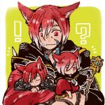 !? 1boy animal_ears cat_ears closed_mouth crystal_exarch final_fantasy final_fantasy_xiv g&#039;raha_tia holding holding_staff itowo_(itowc) lowres male_focus mini_person miniboy multiple_persona redhead short_hair staff sweatdrop upper_body 
