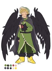  1boy adapted_costume animal_ears beard_stubble bird_boy bird_ears bird_wings black_cape black_wings blonde_hair boots cape closed_eyes color_guide facial_hair fur-trimmed_boots fur_trim gomi_(gomiidd) green_pants green_robe happy hardcore_heart hat heart highres hood hood_down male_focus minecraft_youtube origins_smp pants ph1lza ph1lza_(elytrian) robe short_hair sketch smile striped_clothes striped_headwear stubble thumbs_up white_background wings 