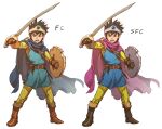  1boy belt belt_bag belt_buckle black_hair blue_cape blue_cloak blue_tunic bodysuit boots brown_belt brown_footwear brown_gloves buckle cape circlet cloak commentary_request dragon_quest dragon_quest_iii full_body gloves hero_(dq3) highres holding holding_shield holding_sword holding_weapon iwamoto_tatsurou knee_boots looking_at_viewer multiple_views official_alternate_color open_mouth purple_cape purple_cloak roto_(dq3) serious shield short_hair simple_background spiky_hair standing sword weapon white_background yellow_bodysuit 