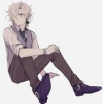  1boy brown_pants collared_shirt cross-shaped_pupils edmond_dantes_(fate) fate/grand_order fate_(series) fukusuu_(zeonms_06s) full_body green_necktie grey_hair grey_vest hair_over_one_eye hand_on_own_knee knees_up long_sleeves looking_to_the_side male_focus medium_hair necktie pants ponytail purple_footwear shirt shoes simple_background sitting sleeves_rolled_up solo symbol-shaped_pupils vest watch watch white_background white_shirt wing_collar yellow_eyes 