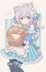  :o absurdres animal_ears apron basket blue_dress bread cat_ears cat_girl cat_tail colon_br dress food grey_hair highres holding holding_basket maimai_(game) open_mouth salt_(maimai) tail violet_eyes white_apron 