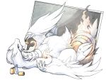  animal_focus blue_eyes can claws commentary_request drink_can embers fire highres knhb_tail lying no_humans on_back pokemon pokemon_(creature) reshiram soda_can tail white_background white_fur wings 