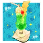  absurdres artist_logo cherry coaster cup drinking_glass food food_focus food_name fruit highres ice ice_cream ice_cream_float ice_cube melon_soda no_humans original pineapple takisou_sou 