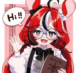  1girl absurdres ahoge animal_ears black_bow black_bowtie blue_eyes book bow bowtie dice_hair_ornament fang glasses hair_bow hair_ornament hakos_baelz hakos_baelz_(4th_costume) highres holding holding_book hololive hololive_english low_twintails mizuse_hazuki7 mouse_ears multicolored_hair redhead streaked_hair twintails virtual_youtuber waving 