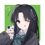  1girl awa_subaru black_hair black_jacket blue_bow blue_bowtie bow bowtie cellphone closed_mouth commentary_request girls_band_cry green_background hair_ribbon heart holding holding_phone jacket long_hair long_sleeves looking_at_viewer one_eye_closed phone ribbon selfie shirt simple_background sleeves_past_wrists smartphone solo taking_picture tongue tongue_out violet_eyes white_ribbon white_shirt yun_cao_bing 