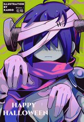 1other ahoge armor armored_gloves artist_name bandaged_head bandages blue_hair bob_cut brown_background closed_mouth colored_skin commentary_request deltarune gloves grey_background grey_gloves grey_skin hair_between_eyes halloween_costume hands_up happy_halloween highres kansou_(kanso_1) kris_(dark_world)_(deltarune) kris_(deltarune) light_frown multicolored_background no_eyes object_through_head pink_scarf plate_armor scarf screw_in_head short_hair shoulder_armor sidelocks solo stitched_face stitches twitter_username two-tone_background upper_body