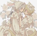  2boys absurdres animal_ears bad_id bad_pixiv_id bonnet cat_ears cat_tail closed_mouth cowboy_shot dress ensemble_stars! eye_contact floral_background from_side green_hair green_ribbon grey_hair hair_between_eyes hair_ribbon hand_on_another&#039;s_back hand_on_another&#039;s_face highres kemonomimi_mode long_hair long_sleeves looking_at_another male_focus meremero multiple_boys open_mouth profile puffy_long_sleeves puffy_sleeves rabbit_boy rabbit_ears rabbit_tail ran_nagisa ribbon robe short_hair smile tail tomoe_hiyori violet_eyes white_dress white_robe wrist_cuffs 