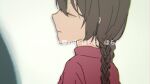  1girl arms_at_sides bags_under_eyes braid brown_hair chromatic_aberration commentary_request from_side hair_between_eyes long_hair m_hikarino madotsuki parted_lips pink_sweater solo sweater translation_request twin_braids upper_body yume_nikki 