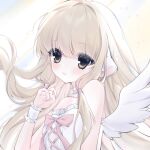  1girl angel_wings blonde_hair bow brown_eyes chii chobits choker cross-laced_clothes cross-laced_top floating_hair frilled_choker frills highres light_blush light_smile long_bangs long_hair looking_at_viewer pale_skin pink_bow robot_ears simple_background sleeveless solo three-toned_background white_wings white_wrist_cuffs wings wrist_cuffs 