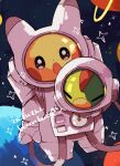  :o animal_focus closed_eyes colored_skin commentary_request dot_nose green_skin hanabusaoekaki highres natu no_humans open_mouth pikachu planet planetary_ring pokemon pokemon_(creature) space spacesuit sparkle star_(sky) yellow_skin 