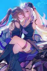  2girls acheron_(honkai:_star_rail) ankle_boots armband black_armband black_collar black_gloves black_shorts black_swan_(honkai:_star_rail) black_tank_top black_vest blue_background blue_sky boots choker collar crossed_legs gloves grey_pants hair_over_one_eye high_ponytail highres honkai:_star_rail honkai_(series) jacket looking_at_another motor_vehicle motorcycle multicolored_eyes multiple_girls naruuuuuu9 pants pink_choker profile purple_hair round_eyewear shorts signature sky tank_top thigh_strap vest violet_eyes white_hair white_jacket yuri 