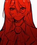  1girl ascot closed_mouth coat collared_shirt fostia_(zygyzy_031) hair_between_eyes highres lobotomy_corporation long_hair looking_at_viewer monochrome original project_moon red_theme shirt sidelocks simple_background smile solo upper_body very_long_hair zygyzy_031 