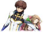  1boy 1girl arm_at_side artist_request blue_gloves bodysuit brown_hair choker closed_eyes closed_mouth code_geass code_geass:_lost_stories collarbone covered_collarbone cropped_torso dutch_angle earpiece game_cg gloves gold_trim green_eyes hair_intakes half_up_braid hands_up high_collar kururugi_suzaku long_hair looking_at_viewer non-web_source nunnally_vi_britannia official_art on_chair outstretched_arm own_hands_together protecting purple_choker raised_eyebrows serious short_hair sidelocks simple_background sitting standing transparent_background u_u upper_body v-shaped_eyebrows white_bodysuit 