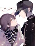  2boys 3103vv arm_belt arms_behind_back baseball_cap belt black_hair black_hat black_jacket black_scarf black_sleeves buttons checkered_clothes checkered_scarf closed_mouth collared_jacket collared_shirt commentary_request danganronpa_(series) danganronpa_v3:_killing_harmony double-breasted eye_contact eyelashes face-to-face fingernails hand_on_headwear hat high_collar highres jacket layered_sleeves leaning_forward long_sleeves looking_at_another male_focus motion_lines multiple_boys oma_kokichi partial_commentary pinstripe_jacket pinstripe_pattern purple_hair saihara_shuichi scarf shirt short_hair simple_background smile sweat two-tone_scarf upper_body violet_eyes wavy_mouth white_background white_belt white_jacket white_scarf white_shirt yellow_eyes 