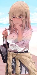  1girl bag beach blonde_hair blush breasts clothes_around_waist collared_shirt commentary cowboy_shot dress_shirt hand_to_own_mouth higa_kana highres nyoijizai okinawa_de_suki_ni_natta_ko_ga_hougen_sugite_tsurasugiru pleated_skirt red_scrunchie ribbed_sweater school_bag school_uniform scrunchie shirt skirt solo sweater sweater_around_waist water white_shirt wrist_scrunchie yellow_eyes 