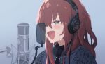  1girl :d aroha_j blue_jacket blush bocchi_the_rock! cable color_banding eyelashes green_eyes grey_background hair_between_eyes hair_over_one_eye hasegawa_ikumi headphones highres jacket kita_ikuyo microphone microphone_stand music one_eye_covered open_clothes open_jacket open_mouth pop_filter portrait real_life redhead side_ponytail sidelocks simple_background singing smile solo sony studio_microphone sweat sweater the_first_take turtleneck turtleneck_sweater voice_actor voice_actor_connection 