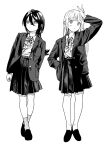  2girls arm_up bow bowtie braid buttons closed_mouth collared_shirt cross-laced_clothes cross-laced_top crossed_ankles full_body greyscale hair_between_eyes hand_in_pocket highres inushima_(k_z_i_t_) jacket loafers long_hair long_sleeves looking_at_viewer monochrome multiple_girls open_clothes open_jacket original pantyhose pleated_skirt school_uniform screentones shirt shoes simple_background skirt socks standing v white_background 