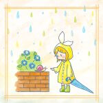  1girl aged_down blonde_hair blush_stickers boots bow brick_wall bush child closed_umbrella flower hair_ornament hairclip holding holding_umbrella hood hood_up hydrangea kagamine_rin long_sleeves no_mouth rain raincoat rubber_boots snail solid_oval_eyes solo umbrella vocaloid water_drop yukiko_0831 