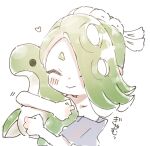  1girl ^_^ apex_legends asymmetrical_hair closed_eyes closed_mouth green_hair hair_over_one_eye heart highres hugging_object long_hair motion_lines nessie_(respawn) octoling plum0o0 poncho shiver_(splatoon) short_eyebrows simple_background smile solo splatoon_(series) splatoon_3 stuffed_toy suction_cups tentacle_hair white_background 