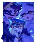  3girls :d :o agent_3_(splatoon) black_dress black_gloves black_hair blue_hat border bow-shaped_hair bra_strap callie_(splatoon) choker cloak closed_mouth coat commentary_request dress earrings fangs gloves grey_hair hand_on_own_cheek hand_on_own_face hat headphones highres holding holding_umbrella inkling jewelry long_hair looking_at_viewer marie_(splatoon) masshi military_hat mole mole_under_mouth multiple_girls one_eye_closed open_mouth orange_eyes outside_border outstretched_arm patchwork_clothes peaked_cap reaching reaching_towards_viewer short_hair sitting smile splatoon_(series) splatoon_3 squidbeak_splatoon star-shaped_pupils star_(symbol) strapless strapless_dress swept_bangs symbol-shaped_pupils tentacle_hair twintails umbrella white_border white_coat yellow_eyes 